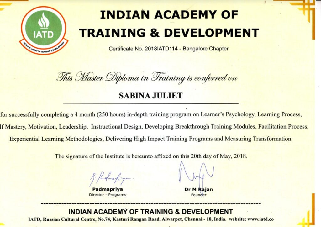 Master Diploma in Training & Development (IATD - Sabina Juliet)